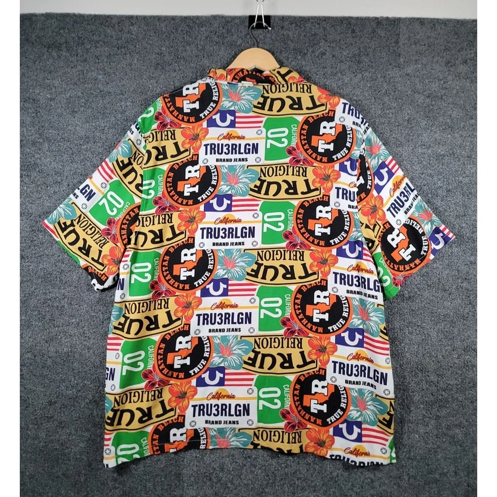 True Religion Camp Hawaiian Shirt Mens XL Loop Collar All Over Print NEW $90